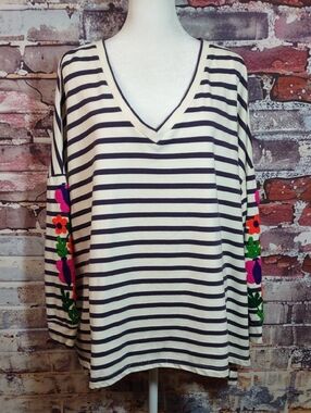 Gallabia French Terry Striped V-Neck Tunic with Floral Embroidered Sleeves